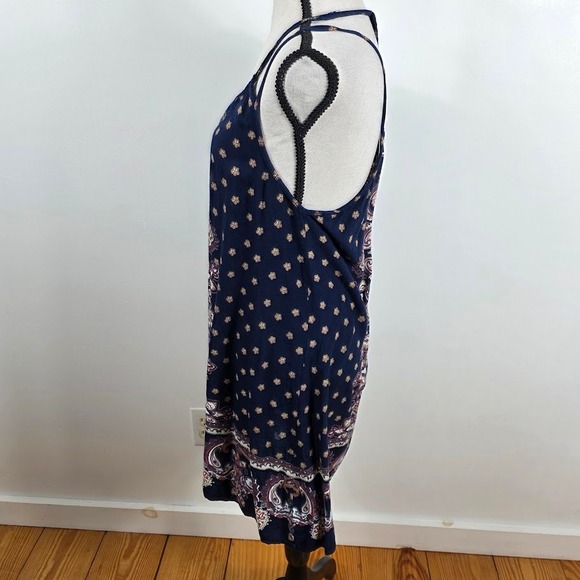 Angie Paisley Mini Dress Womens Medium Navy Blue Boho T-Back Rayon Festival - Picture 2 of 5